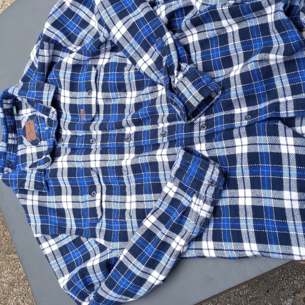 Orvis blue plaid flannel shirt jacket size XXL